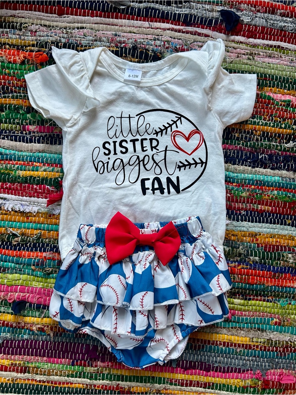 Little Sister Biggest Fan Baseball Ruffle Outfit with Red Bow Bloomers 6-12 MOS